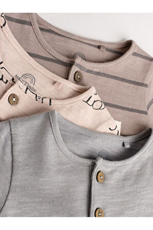 Next Baby %100 Pamuklu Neutral Elephant Desenli 3'lü Romper Set