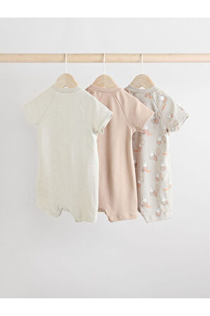 Next Baby % 100 Pamuklu Krem Bej Tavşan Desenli 3'lü Romper Set