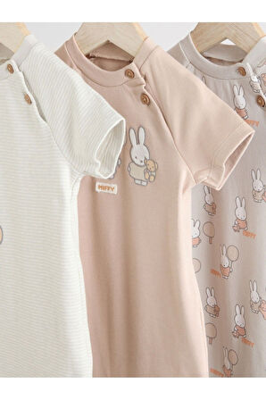 Next Baby % 100 Pamuklu Krem Bej Tavşan Desenli 3'lü Romper Set
