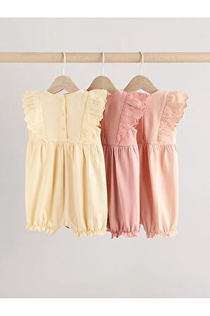 %100 Pamuklu Krem Pembe Fırfır Kol Dantel Detaylı 3'lü Romper Set
