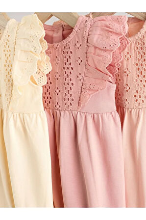 %100 Pamuklu Krem Pembe Fırfır Kol Dantel Detaylı 3'lü Romper Set
