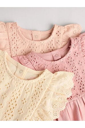 %100 Pamuklu Krem Pembe Fırfır Kol Dantel Detaylı 3'lü Romper Set
