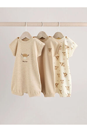 Next Baby %100 Pamuklu Krem Boğa Desenli 3'lü Romper Set