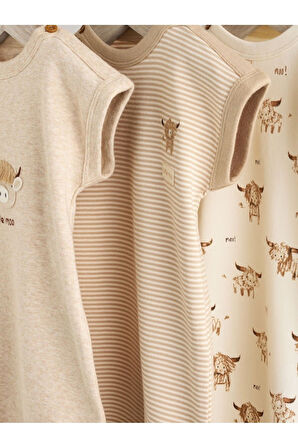 Next Baby %100 Pamuklu Krem Boğa Desenli 3'lü Romper Set