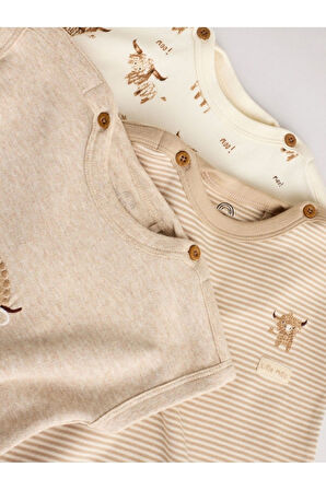 Next Baby %100 Pamuklu Krem Boğa Desenli 3'lü Romper Set