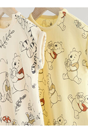 Next Baby %100 Pamuklu Krem Sarı Winnie The Pooh Desenli 2'li Romper Set