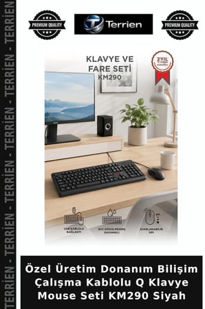 Özel Üretim Donanım Bilişim Çalışma Kablolu Q Klavye Mouse Seti KM290 Siyah