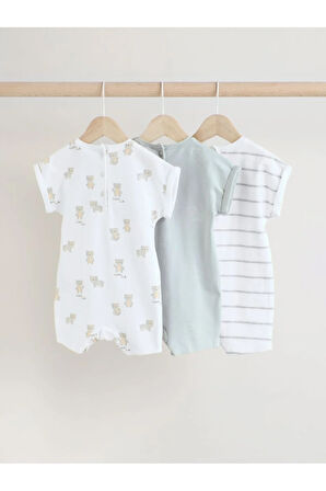 Next Baby %100 Pamuklu Beyaz Gri Ayı Desenli 3'lü Romper Set