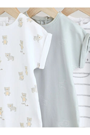 Next Baby %100 Pamuklu Beyaz Gri Ayı Desenli 3'lü Romper Set