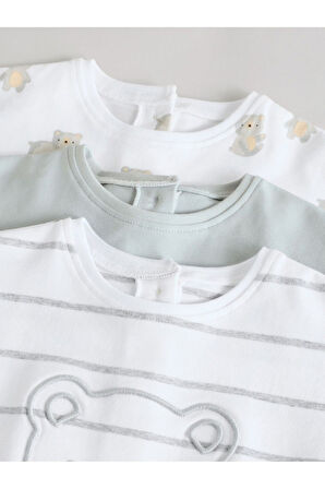 Next Baby %100 Pamuklu Beyaz Gri Ayı Desenli 3'lü Romper Set