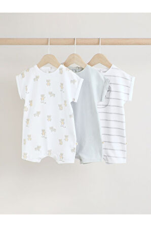 Next Baby %100 Pamuklu Beyaz Gri Ayı Desenli 3'lü Romper Set