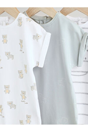 Next Baby %100 Pamuklu Beyaz Gri Ayı Desenli 3'lü Romper Set