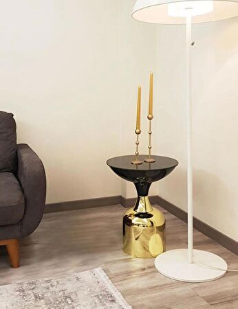 Olympos Dekoratif Parlak Siyah Kısa Model Gold Sehpa 50 cm