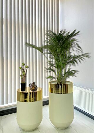 Dekoratif Gold Darbuka Beyaz Saksı 70cm + Sehpa 60cm İkili Set
