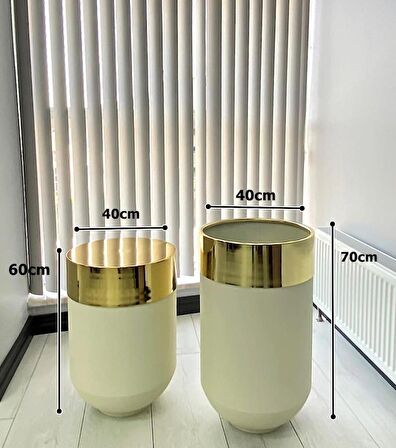 Dekoratif Gold Darbuka Beyaz Saksı 70cm + Sehpa 60cm İkili Set
