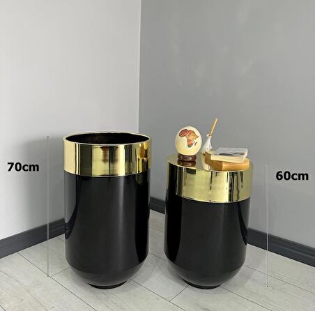 Dekoratif Gold Darbuka Parlak Siyah Saksı 70cm + Sehpa 60cm İkili Set