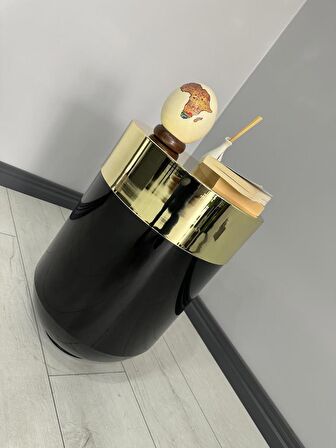 Dekoratif Gold Darbuka Parlak Siyah Sehpa 70cm