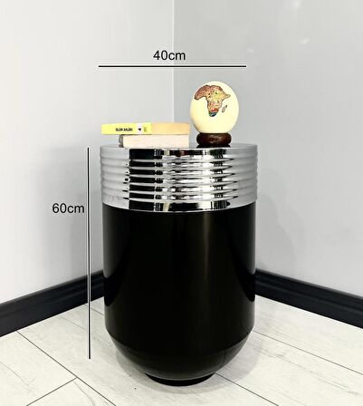 ELEGANT Dekoratif Krom Darbuka Parlak Siyah Sehpa 60cm 