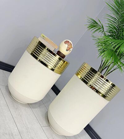 ELEGANT Dekoratif Gold Darbuka Krem Saksı 70cm + Sehpa 60cm İkili Set