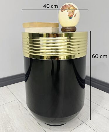 ELEGANT Dekoratif Gold Darbuka Parlak Siyah Sehpa 60cm