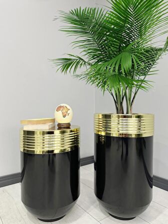 ELEGANT Dekoratif Gold Darbuka Parlak Siyah Saksı 70cm + Sehpa 60cm İkili Set