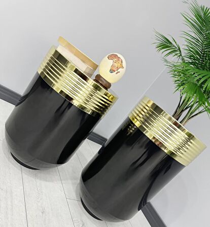 ELEGANT Dekoratif Gold Darbuka Parlak Siyah Saksı 70cm + Sehpa 60cm İkili Set