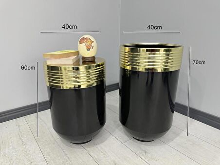 ELEGANT Dekoratif Gold Darbuka Parlak Siyah Saksı 70cm + Sehpa 60cm İkili Set