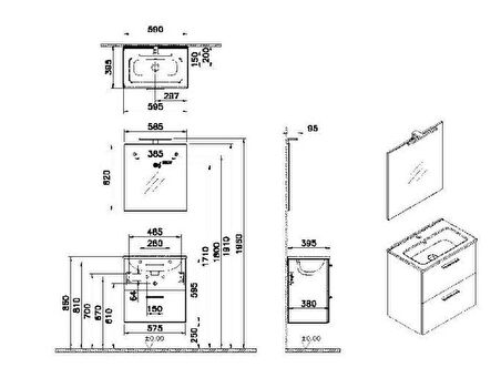 Mia 60 cm Çekmeceli altın meşe alt dolap + lavabo