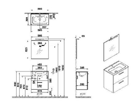Mia 60 cm Antrasit Çekmeceli alt banyo dolabı + lavabo 