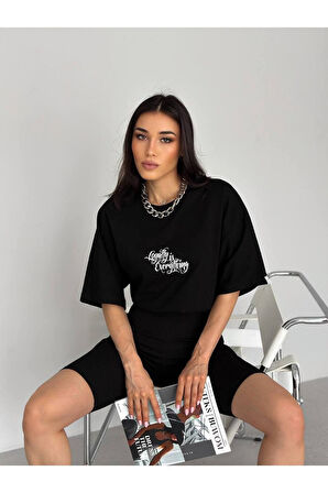 Unisex Oversize Fit Bisiklet Yaka Creative Yazı Baskılı Tişört
