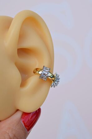 Baget Taşlı Gold Earcuff Sıkıştırmalı Kıkırdak Küpesi