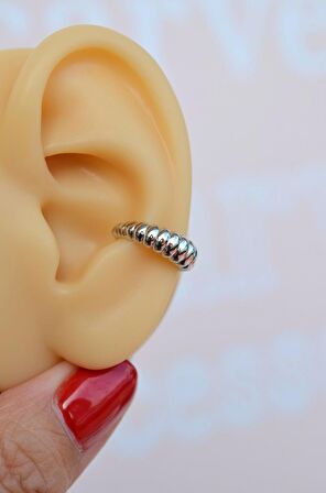 Bombeli Earcuff Sıkıştırmalı Kıkırdak Küpesi Gümüş Renkli