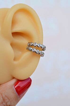 Gümüş Renkli İki Sıralı Taşlı Earcuff Sıkıştırmalı Kıkırdak Küpesi