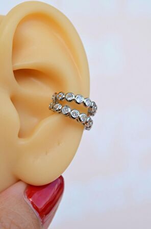 Gümüş Renkli İki Sıralı Taşlı Earcuff Sıkıştırmalı Kıkırdak Küpesi