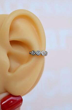 Gümüş Renkli Zirkon Taşlı Earcuff Sıkıştırmalı Kıkırdak Küpesi