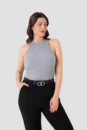 Premium Kadın Pamuklu Fitilli Görünümlü Halter Yaka Basic Gri Atlet Yazlık Bluz Spor Giyim