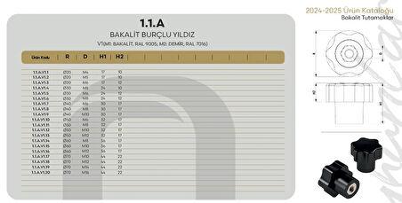 Isıya Dayanıklı Yanmaz Mobilya-Makine Tutamak Kulp 10-Adet (Yıldız-Ø70 mm-M16-Bakalit-Siyah)