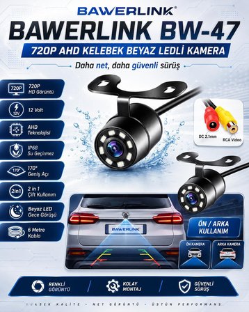 Bawerlink BW-47 720P AHD Kelebek Araç Geri Görüş Kamerası Beyaz LEDli IP68 Su Geçirmez 170° Geniş Açı