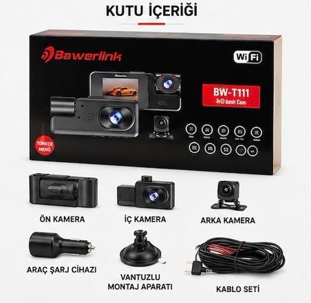 Bawerlink BW-T111 3 Kanal WiFi Araç Kamerası 2.0" IPS Ekran Ön 1280x720P + İç + Arka Kamera Gece Görüşlü G-Sensör