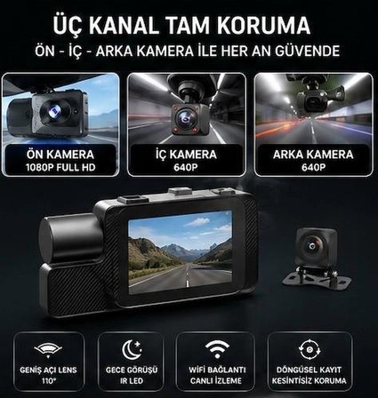 Bawerlink BW-T111 3 Kanal WiFi Araç Kamerası 2.0" IPS Ekran Ön 1280x720P + İç + Arka Kamera Gece Görüşlü G-Sensör