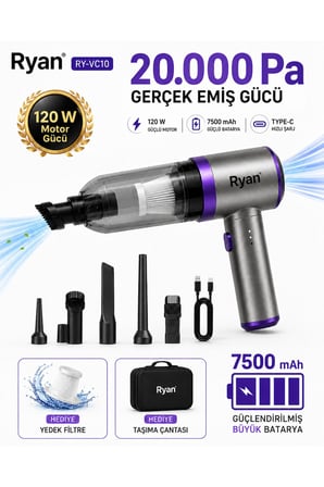 Premium Araç İçi Süpürge Kablosuz Şarjlı RY-VC10 20.000Pa 120W 7500mAh Sürücü Seyahat Temizlik