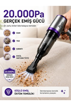 Premium Araç İçi Süpürge Kablosuz Şarjlı RY-VC10 20.000Pa 120W 7500mAh Sürücü Seyahat Temizlik