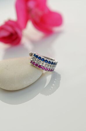 Renkli Zirkon Taşlı Earcuff Sıkıştırmalı Kıkırdak Küpesi Gümüş Renk