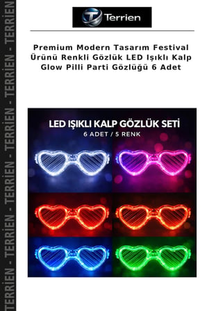 Premium Modern Tasarım Festival Ürünü Renkli Gözlük LED Işıklı Kalp Glow Pilli Parti Gözlüğü 6 Adet