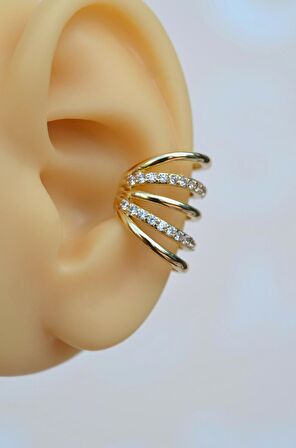Zirkon Taşlı  Gold Çoklu Earcuff Sıkıştırmalı Kıkırdak Küpesi