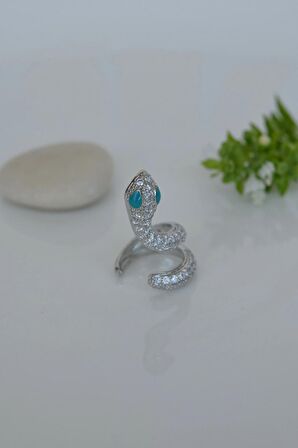 Sevimli Mavi Gözlü Yılan Earcuff Sıkıştırmalı Kıkırdak Küpesi Gümüş Renk