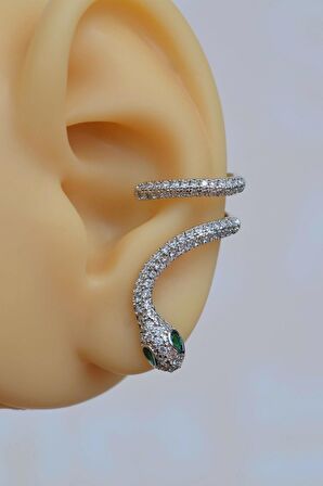 Yeşil Gözlü Yılan Earcuff Sıkıştımalı Kıkırdak Küpesi Gümüş Renk