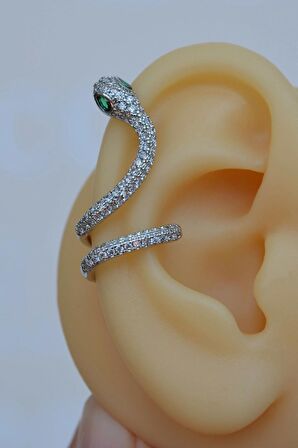 Yeşil Gözlü Yılan Earcuff Sıkıştımalı Kıkırdak Küpesi Gümüş Renk