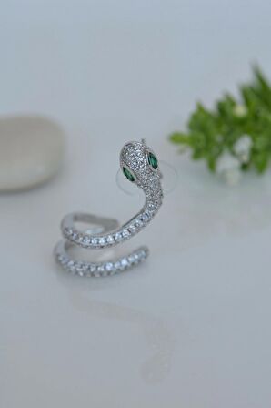 Yeşil Gözlü Yılan Earcuff Sıkıştımalı Kıkırdak Küpesi Gümüş Renk