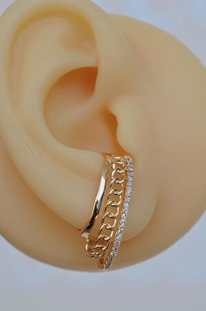 Zincir ve Zirkon Taş Detaylı Çoklu Earcuff Sıkıştırmalı Kıkırdak Küpesi
